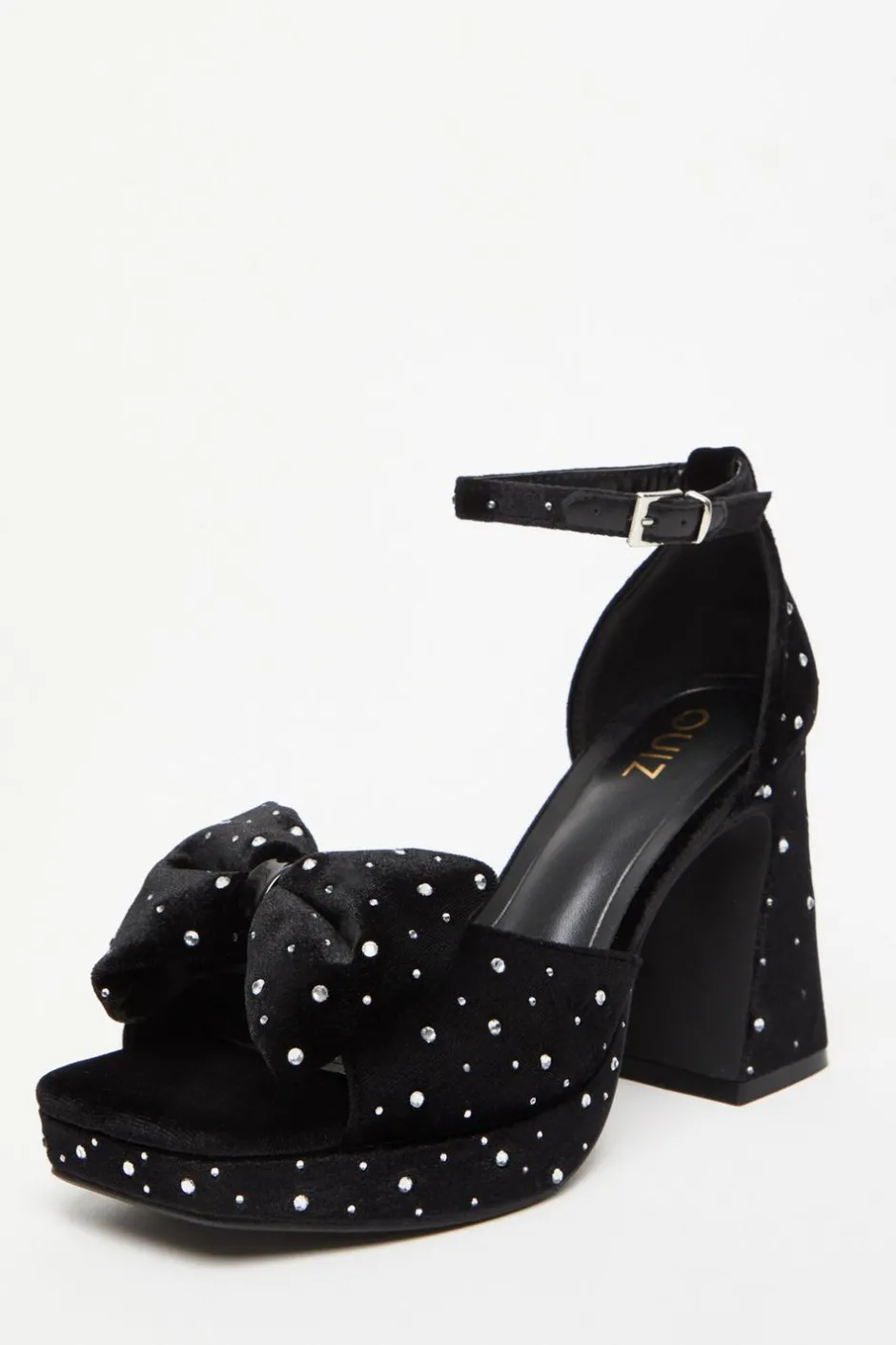 Quiz Black Velvet Diamante Platform Heeled Sandals Outlet