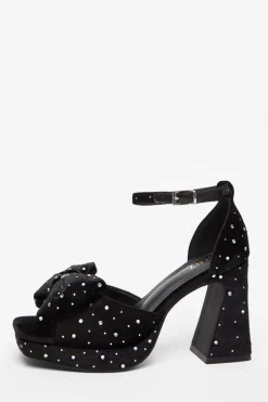 Quiz Black Velvet Diamante Platform Heeled Sandals Outlet