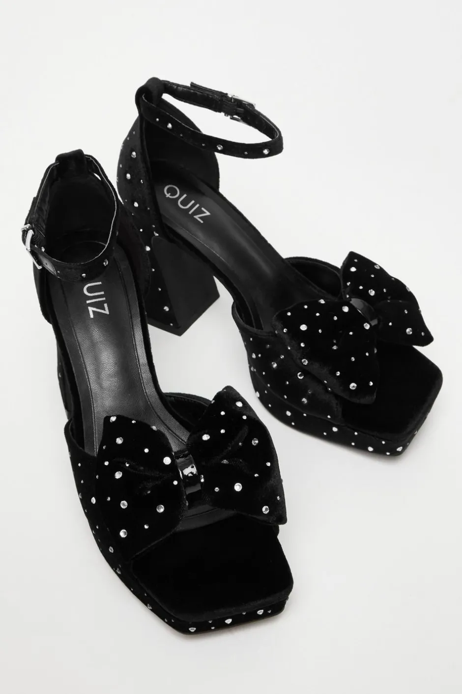 Quiz Black Velvet Diamante Platform Heeled Sandals Outlet