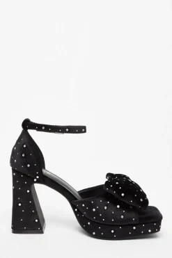 Quiz Black Velvet Diamante Platform Heeled Sandals Outlet