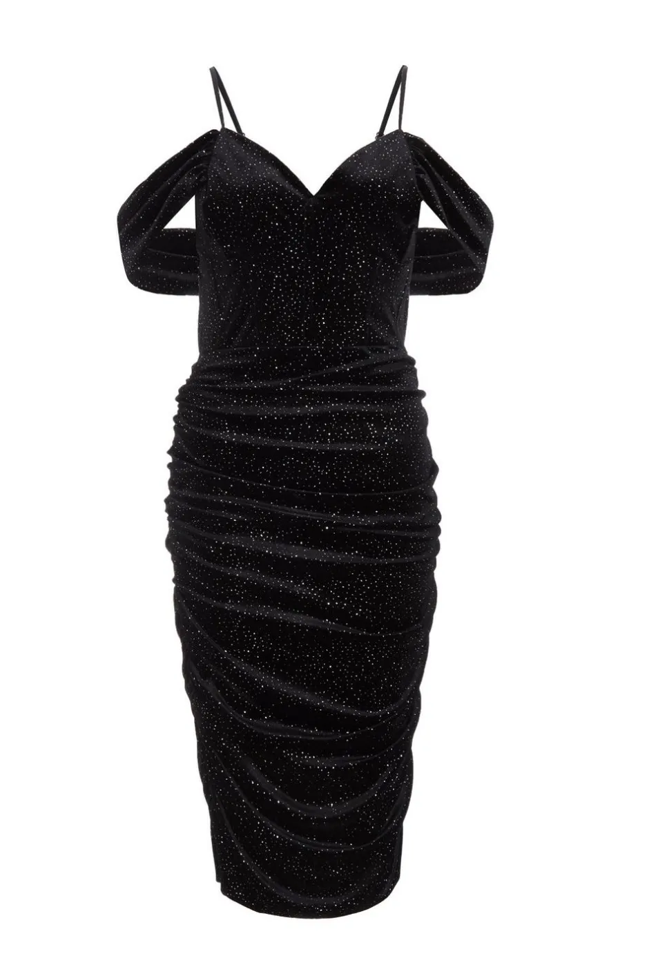 Quiz Black Velvet Glitter Cold Shoulder Midi Dress