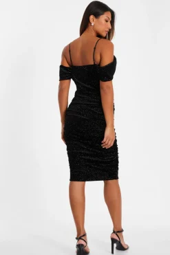 Quiz Black Velvet Glitter Cold Shoulder Midi Dress