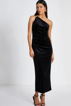 Quiz Velvet One Shoulder Midaxi Dress Black Clearance