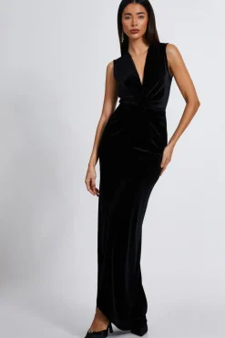 Quiz Black Velvet Twist Front Maxi Dress New