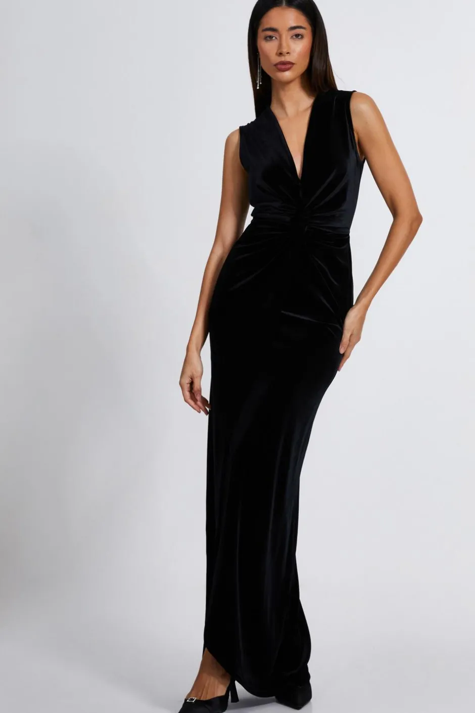 Quiz Black Velvet Twist Front Maxi Dress New