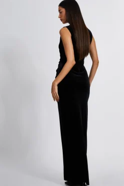 Quiz Black Velvet Twist Front Maxi Dress New