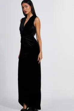 Quiz Black Velvet Twist Front Maxi Dress New