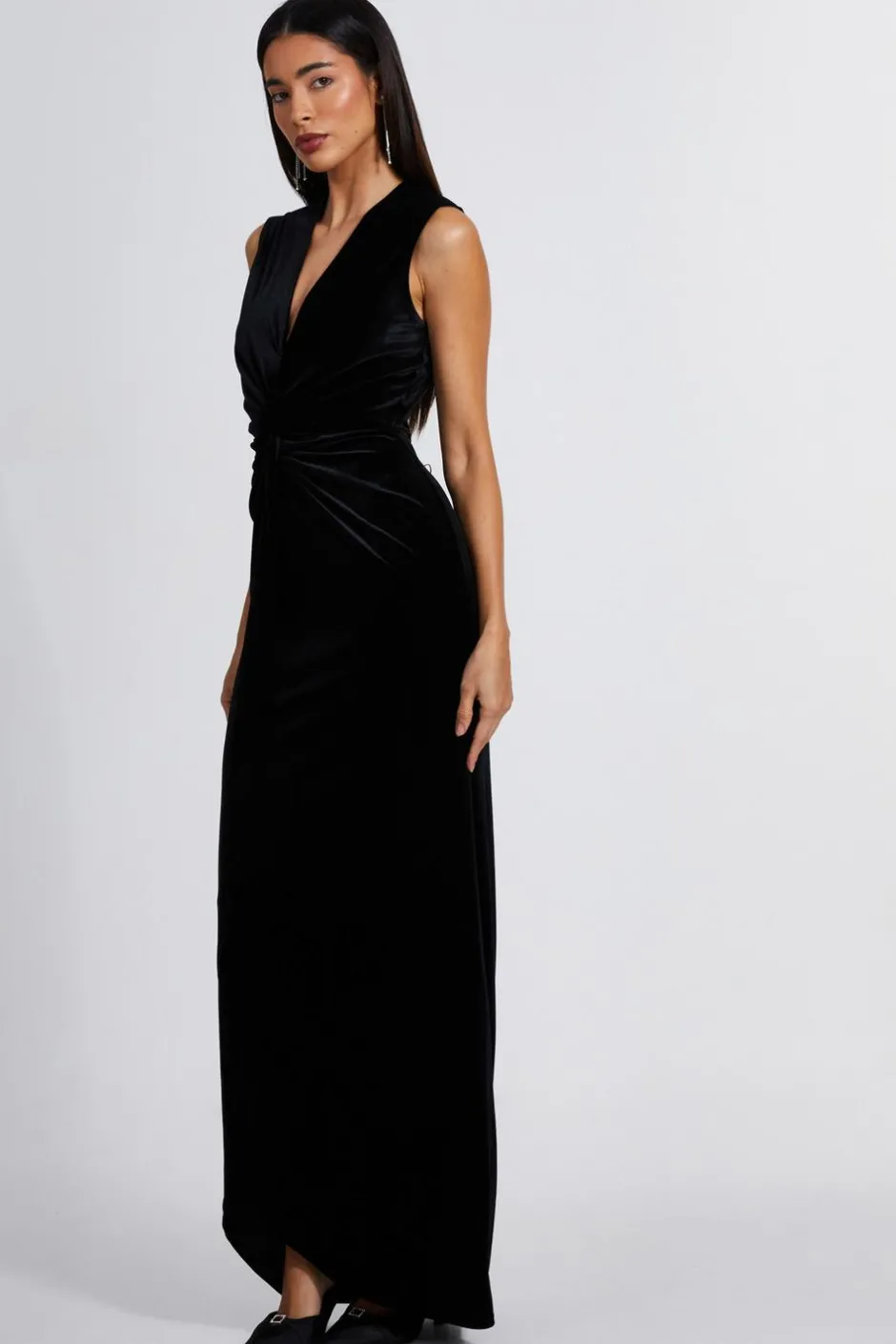 Quiz Black Velvet Twist Front Maxi Dress New
