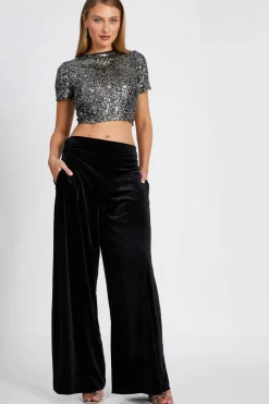 Quiz Black Wide Leg Velvet Trouser Sale