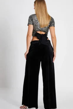 Quiz Black Wide Leg Velvet Trouser Sale
