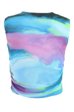 Quiz Blue Abstract Print Mesh Top Discount