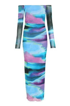 Quiz Blue Abstract Print Mesh Midaxi Dress