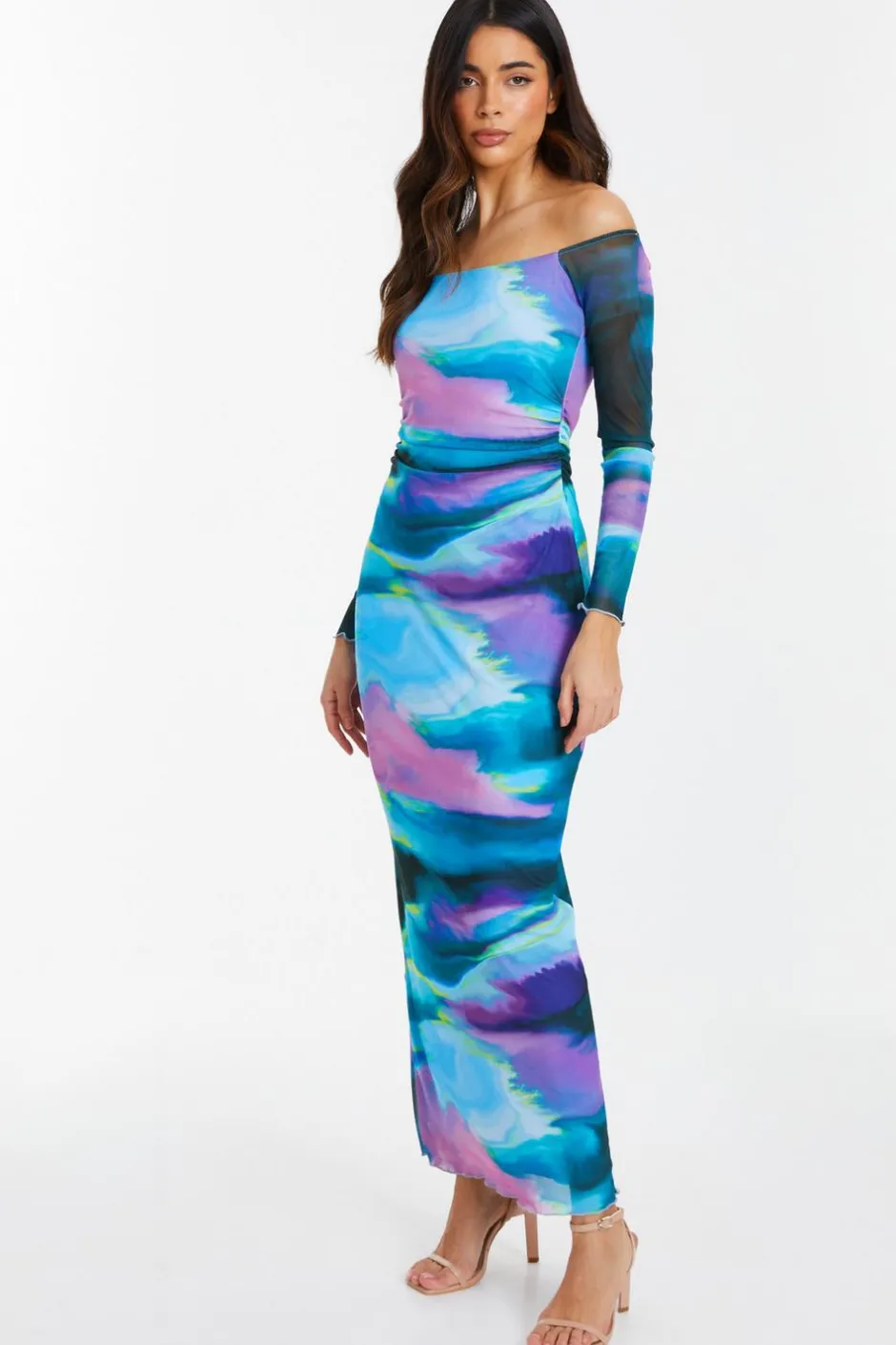 Quiz Blue Abstract Print Mesh Midaxi Dress