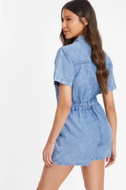 Quiz Blue Acid Wash Denim Playsuit Online