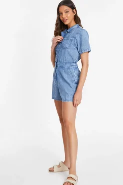Quiz Blue Acid Wash Denim Playsuit Online