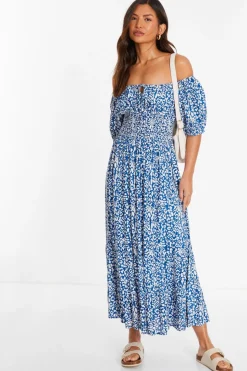 Quiz Blue Animal Print Bardot Midi Dress Hot