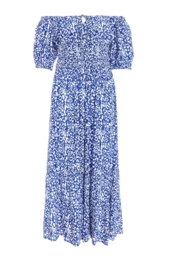 Quiz Blue Animal Print Bardot Midi Dress Hot