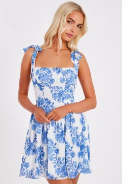 Quiz Blue Chiffon Floral Mini Dress Hot