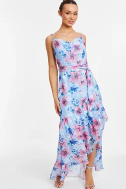 Quiz Blue Chiffon Floral Ruffle Maxi Dress Sale