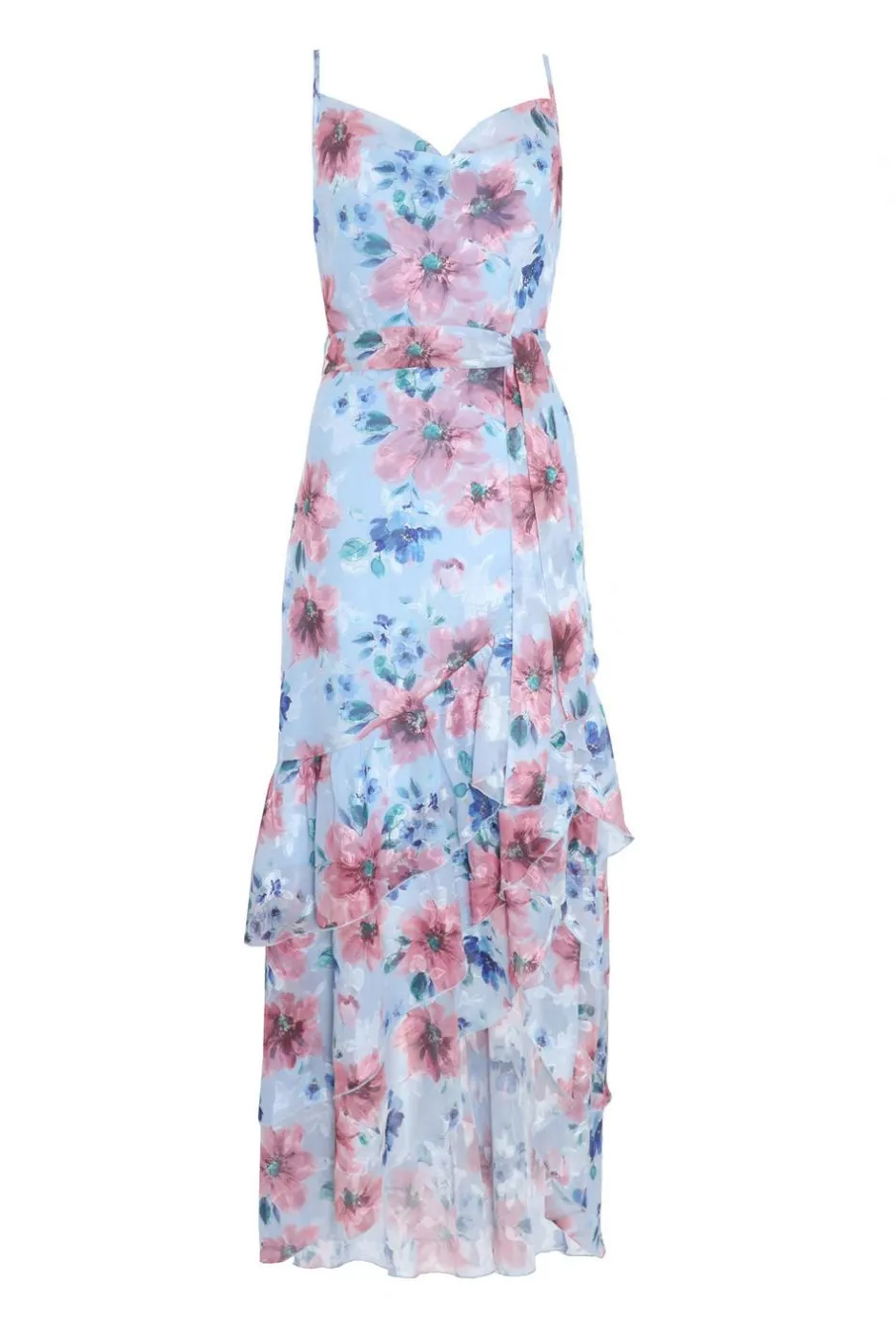 Quiz Blue Chiffon Floral Ruffle Maxi Dress Sale