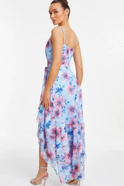 Quiz Blue Chiffon Floral Ruffle Maxi Dress Sale