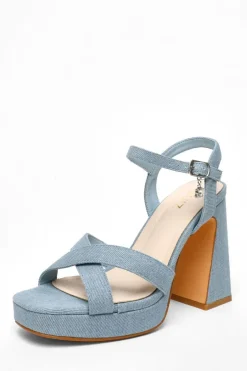Quiz Blue Denim Cross Strap Platform Heeled Sandals Hot