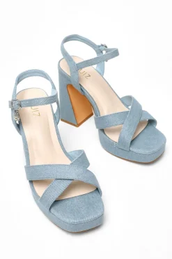 Quiz Blue Denim Cross Strap Platform Heeled Sandals Hot