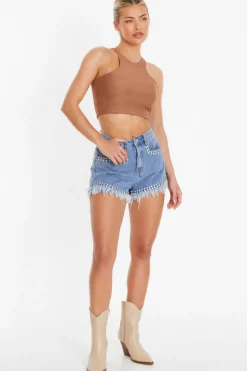 Quiz Blue Denim Embellished Shorts Sale