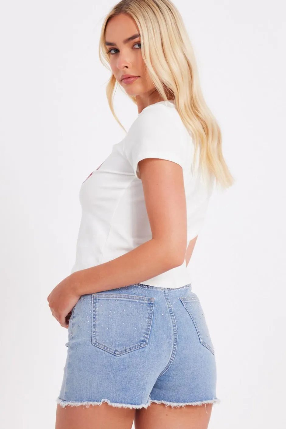 Quiz Blue Denim Embellished Shorts Hot