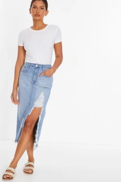 Quiz Blue Denim Extreme Rip Midi Skirt Online