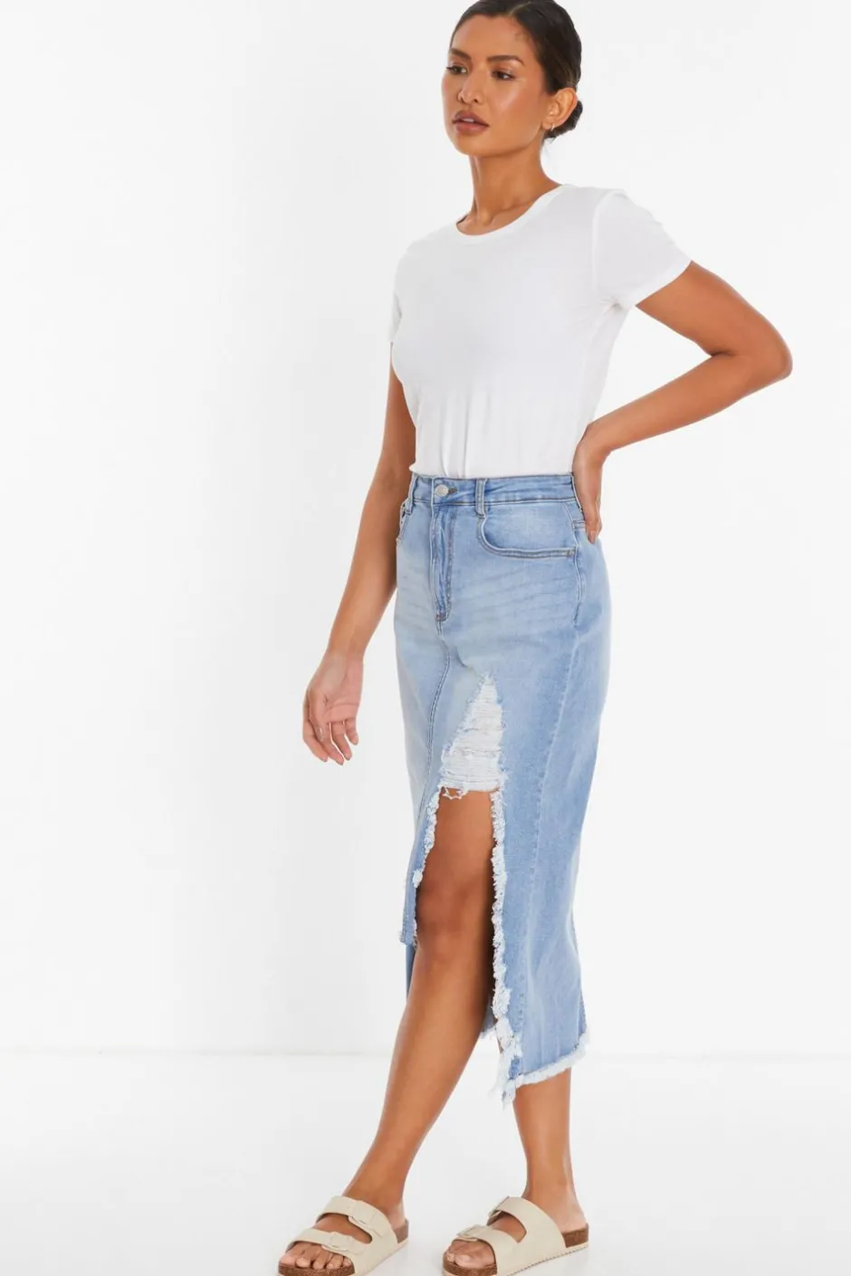 Quiz Blue Denim Extreme Rip Midi Skirt Online