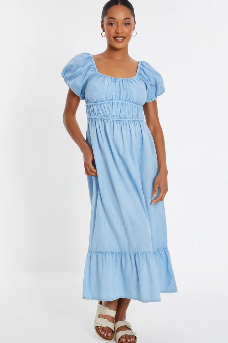 Quiz Blue Denim Puff Sleeve Midi Dress