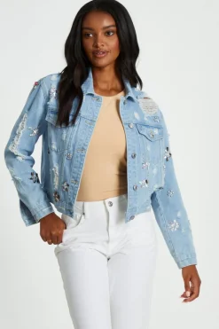Quiz Blue Destressed Embellished Denim Jacket Hot