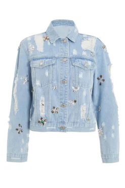 Quiz Blue Destressed Embellished Denim Jacket Hot