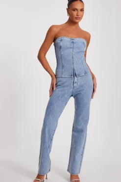 Quiz Blue Diamante Denim Corset Top Sale