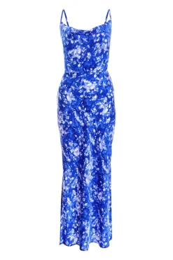 Quiz Blue Ditsy Floral Satin Midaxi Dress Discount