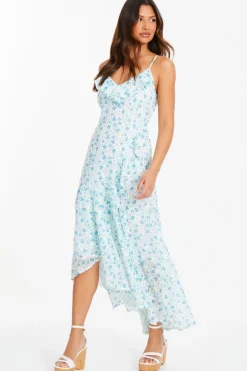 Quiz Blue Ditsy Print Chiffon Midaxi Dress Sale