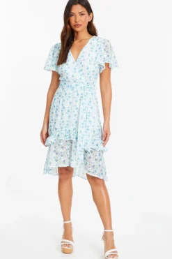 Quiz Blue Ditsy Print Chiffon Wrap Midi Dress Clearance