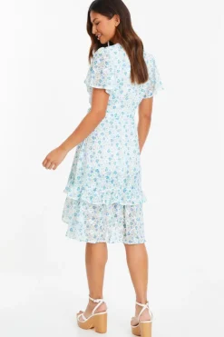 Quiz Blue Ditsy Print Chiffon Wrap Midi Dress Clearance