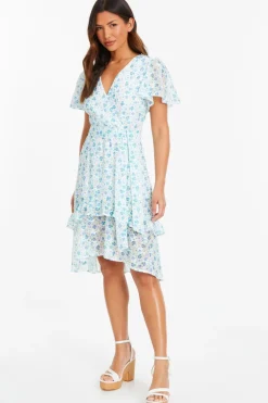 Quiz Blue Ditsy Print Chiffon Wrap Midi Dress Clearance