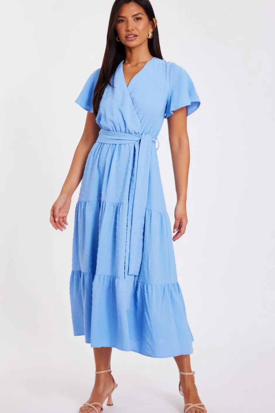 Quiz Dobby Tie Waist Midi Dress Blue Hot