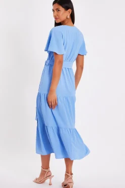 Quiz Dobby Tie Waist Midi Dress Blue Hot