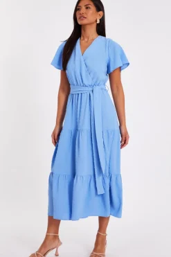 Quiz Dobby Tie Waist Midi Dress Blue Hot