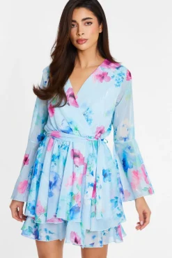 Quiz Blue Floral Chiffon Skater Dress Clearance