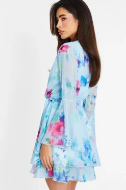 Quiz Blue Floral Chiffon Skater Dress Clearance
