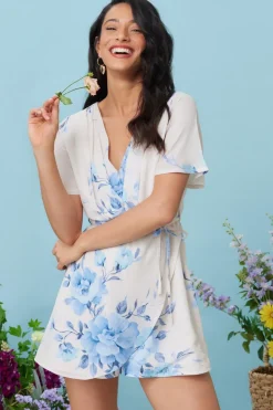 Quiz Blue Floral Print Wrap Tie Playsuit Online