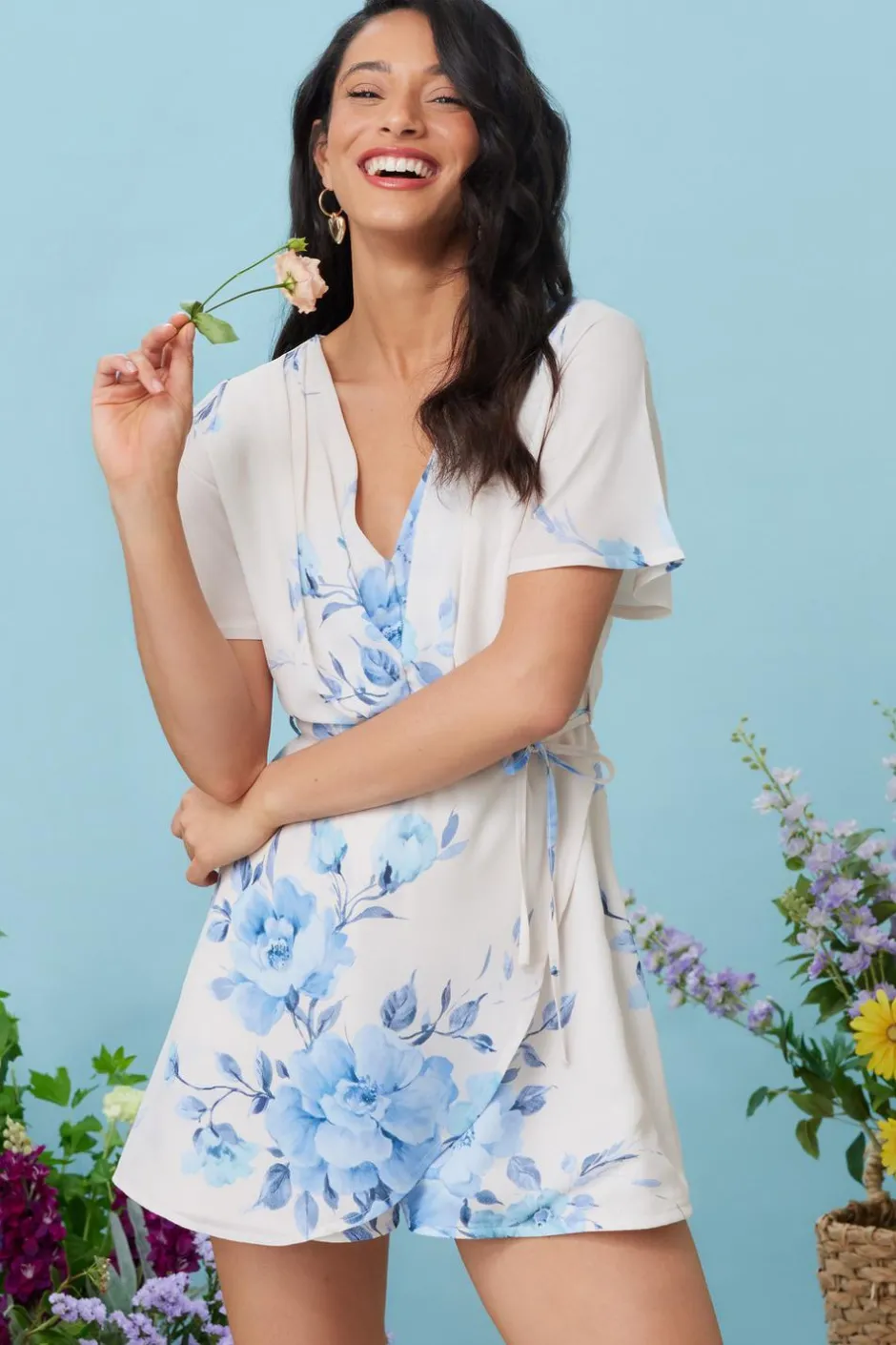 Quiz Blue Floral Print Wrap Tie Playsuit Online