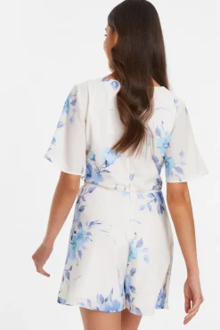 Quiz Blue Floral Print Wrap Tie Playsuit Online