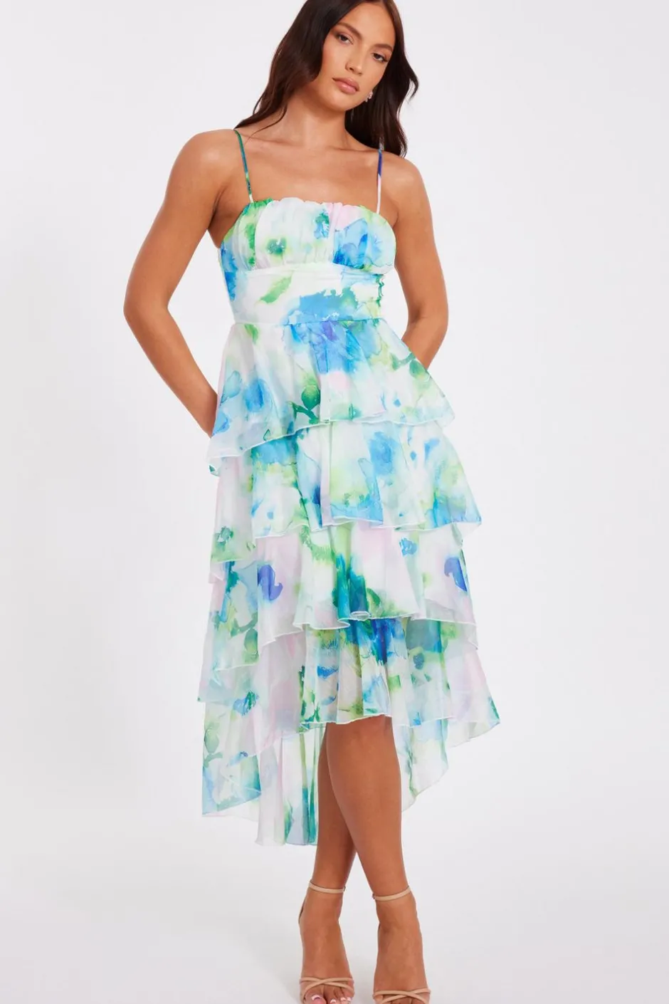 Quiz Blue Floral Tiered Midi Dress Hot
