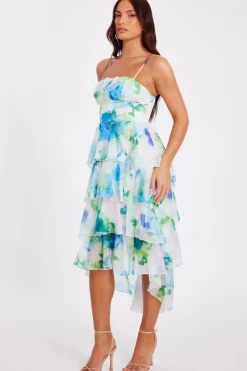 Quiz Blue Floral Tiered Midi Dress Hot